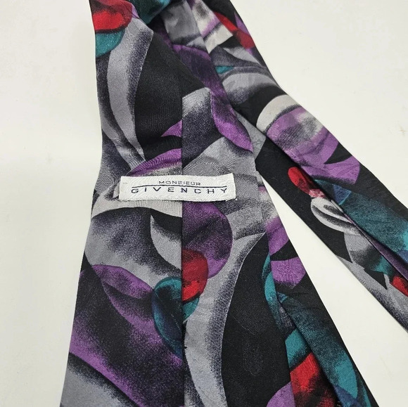 Authentic Vintage Givenchy Men’s 100% Silk Abstract Art Neck Tie Red Purple Gray - Picture 4 of 4